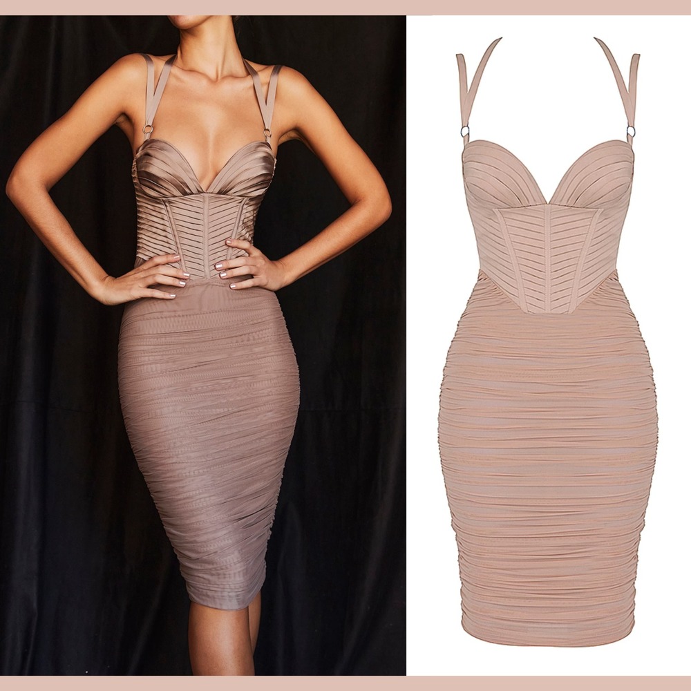 NEW $269 House Of Cb‎ [ XS ] JOSEPHINE Taupe Pleated Corset Midi Dress T2013